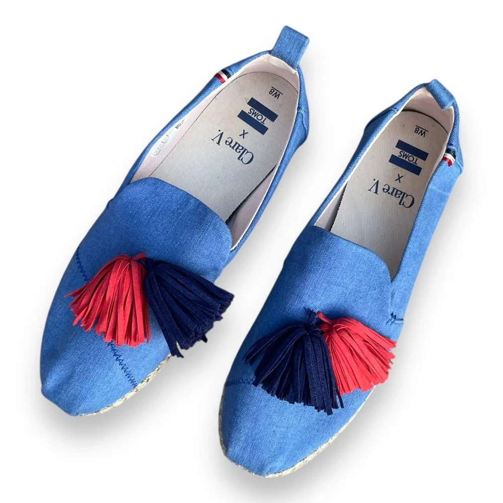 Clare V. x TOMS Women's 8 Blue Chambray Espadrille Tassel Slip On Shoes Flat